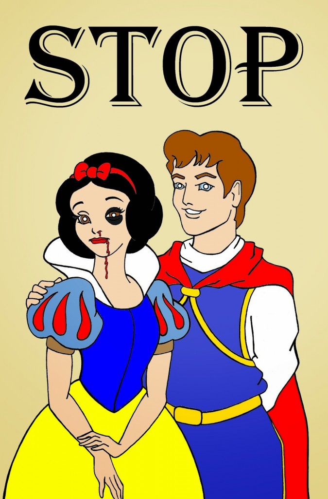 Snow White and Prince Princess Charming Art Portrait Social Campaign Domestic Woman Women's Violence Abuse Stop Satire Cartoon Illustration Critic Humor Chic by aleXsandro Palombo