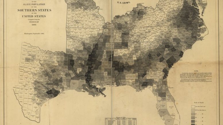 Ο χάρτης της Τοπογραφικής Υπηρεσίας για τις Ακτές των ΗΠΑ (U.S. Coast Survey map) που δημοσιεύθηκε το έτος 1860 υπολόγισε τον αριθμό σκλάβων σε κάθε κομητεία στις Ηνωμένες Πολιτείες (Βιβλιοθήκη του Κογκρέσου).